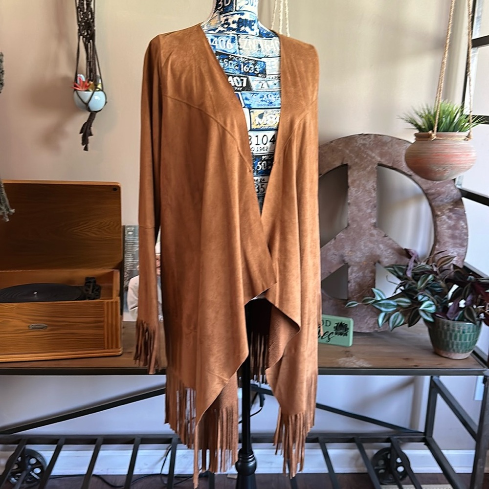 Loveriche Western Faux Suede Fringe Cardigan